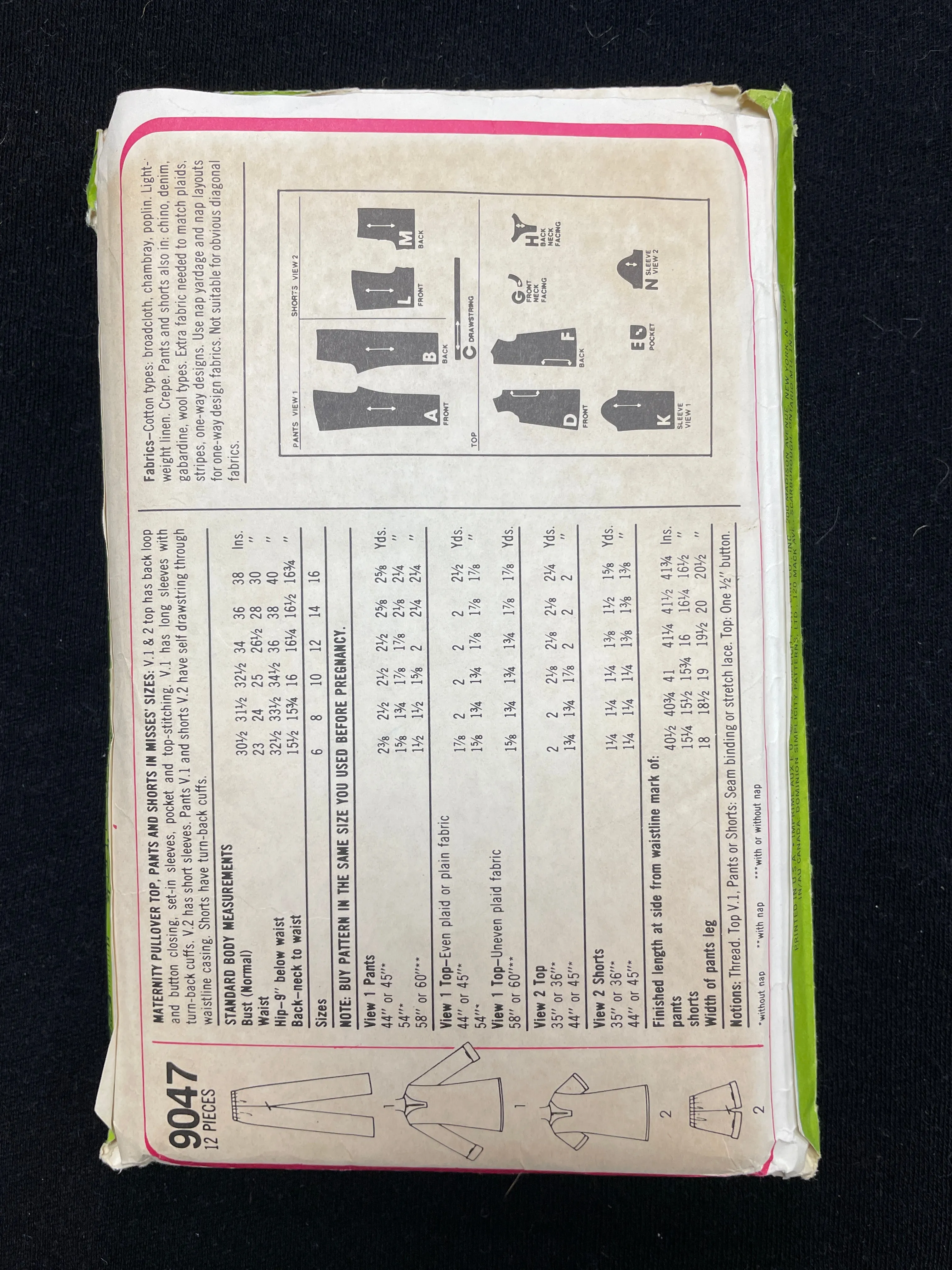 1979 Simplicity 9047 Sewing Pattern - Maternity Tops, Shorts and Pants