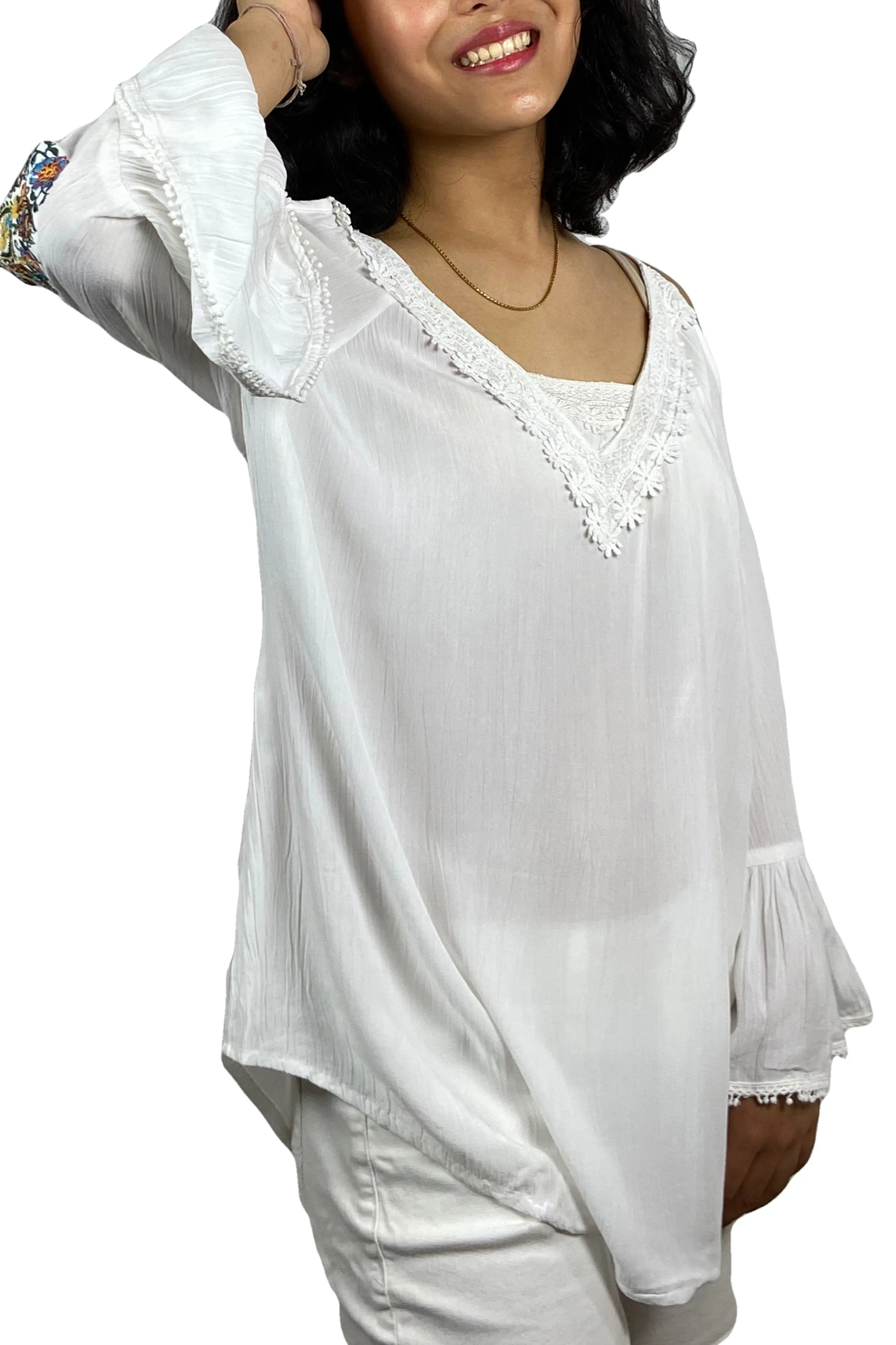 3809 B Cold Shoulder Stylish Embroidered Patched Tunic Blouse