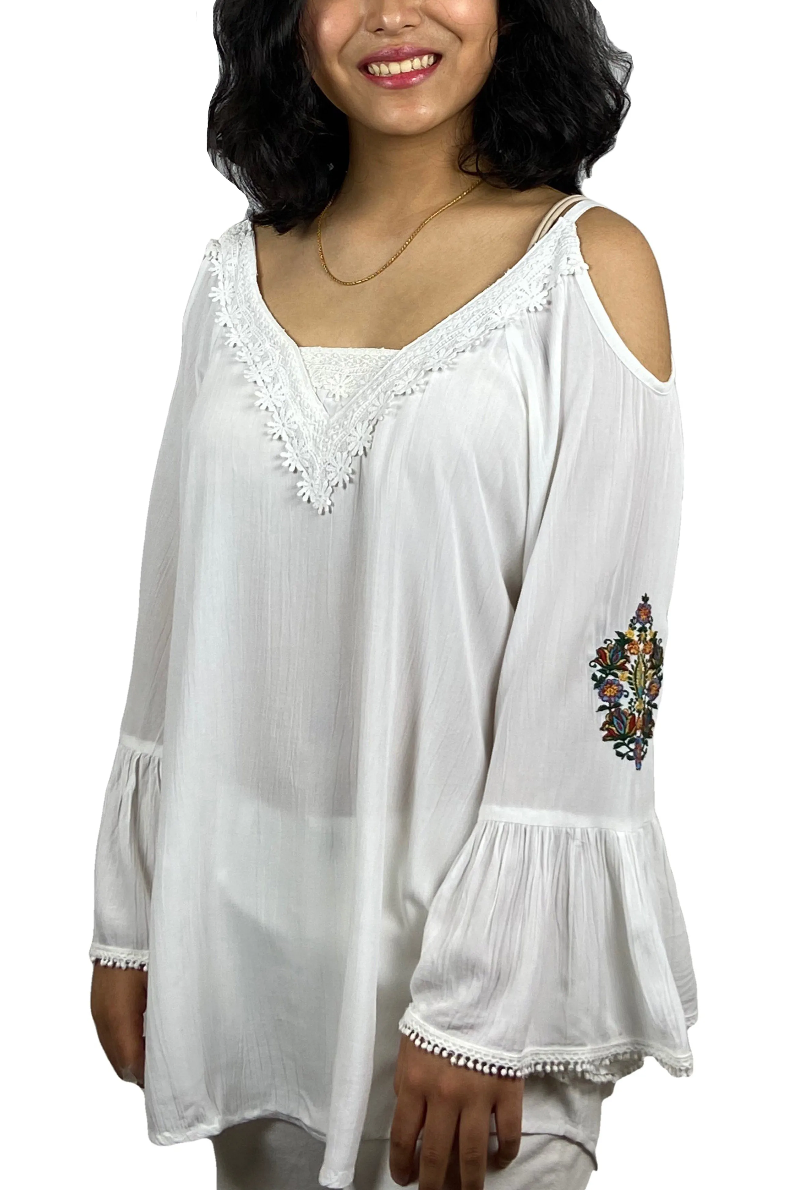 3809 B Cold Shoulder Stylish Embroidered Patched Tunic Blouse