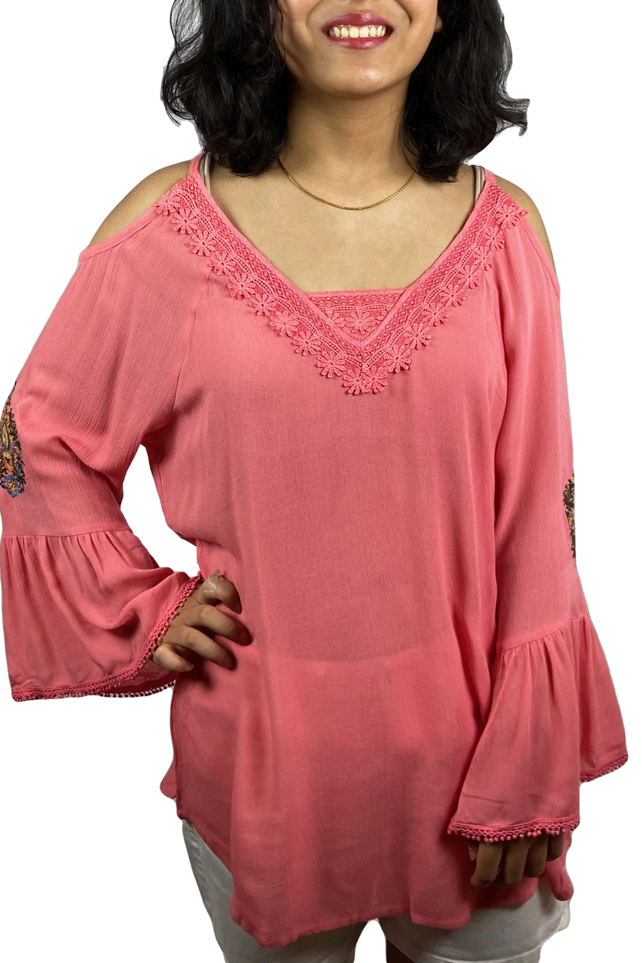 3809 B Cold Shoulder Stylish Embroidered Patched Tunic Blouse