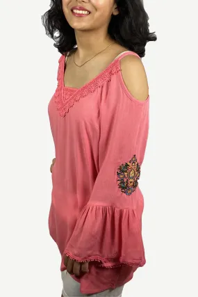 3809 B Cold Shoulder Stylish Embroidered Patched Tunic Blouse