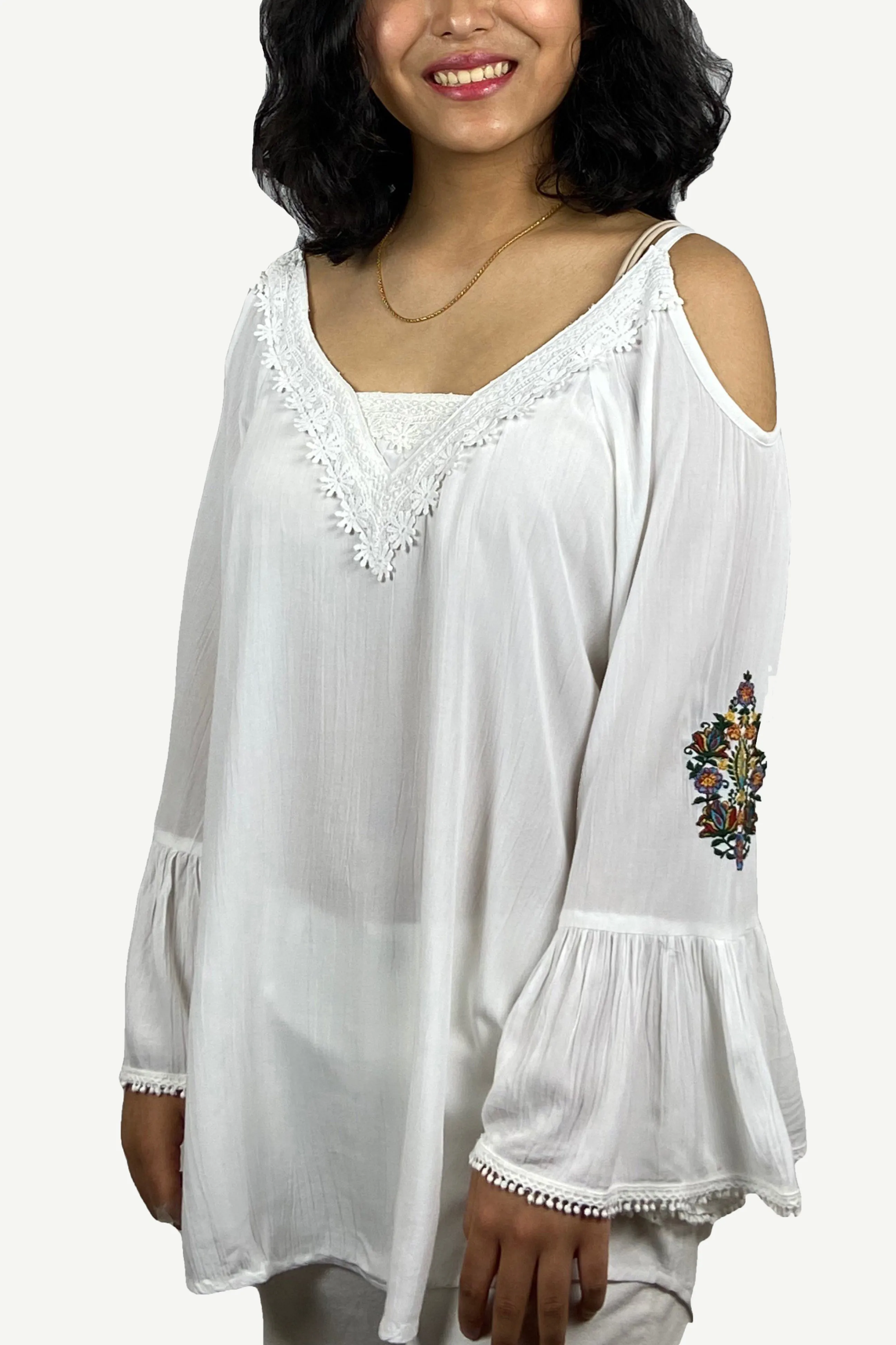 3809 B Cold Shoulder Stylish Embroidered Patched Tunic Blouse