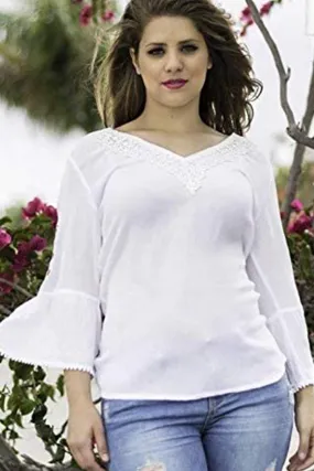 3866 V-Neck Lace Long Bell Sleeve Tunic Blouse