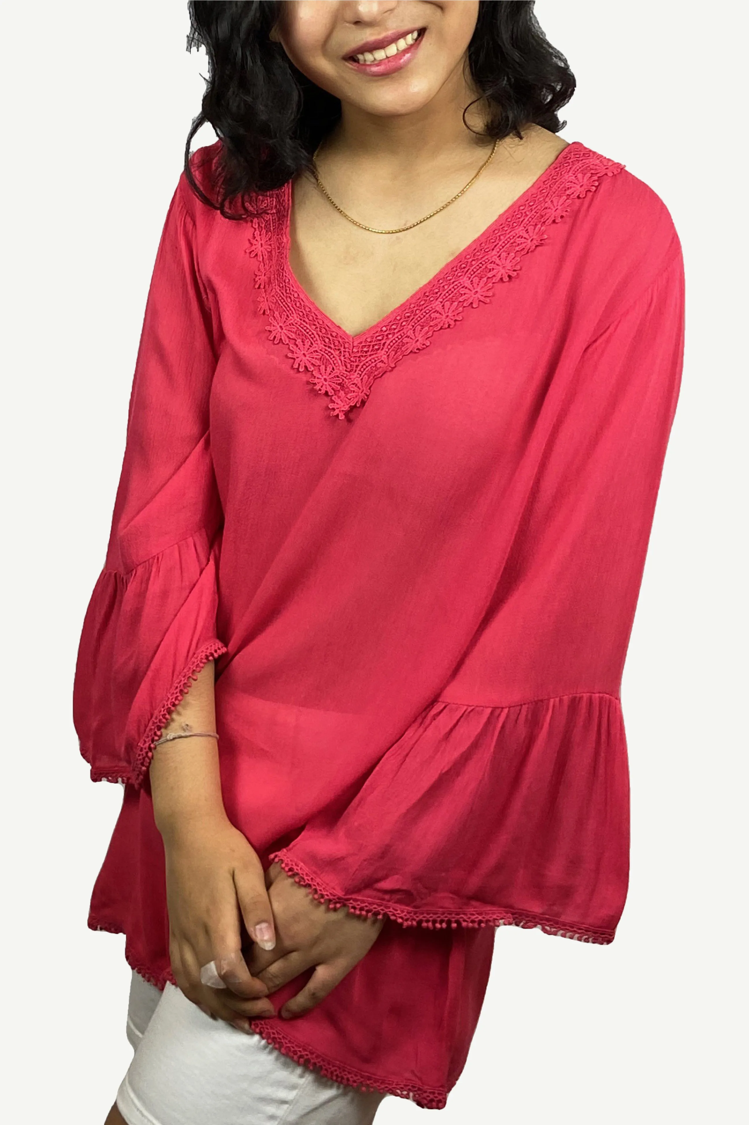 3866 V-Neck Lace Long Bell Sleeve Tunic Blouse