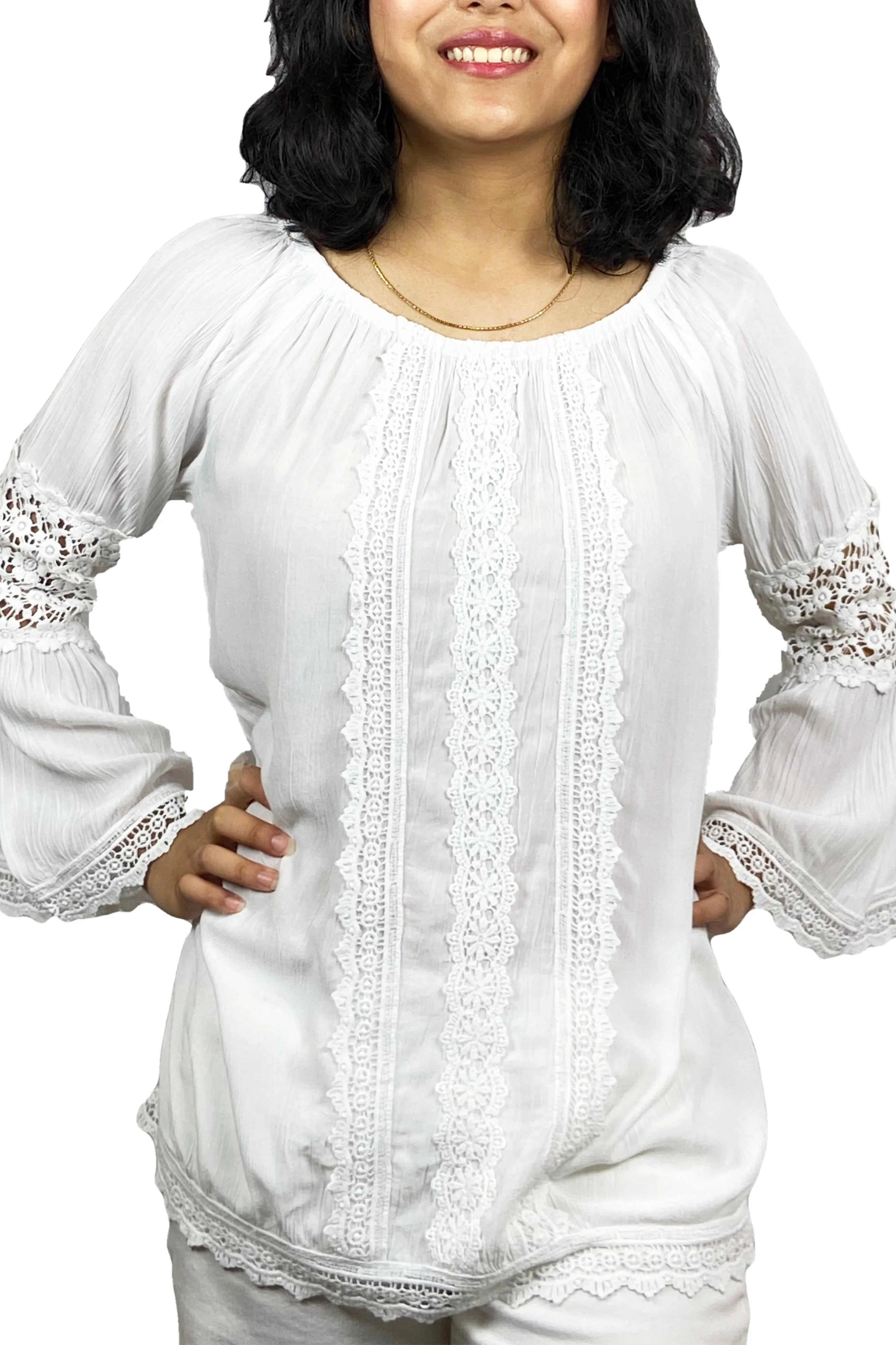 3873 B Rayon Bohemian Lace Sleeve Summer White Medieval Top Blouse