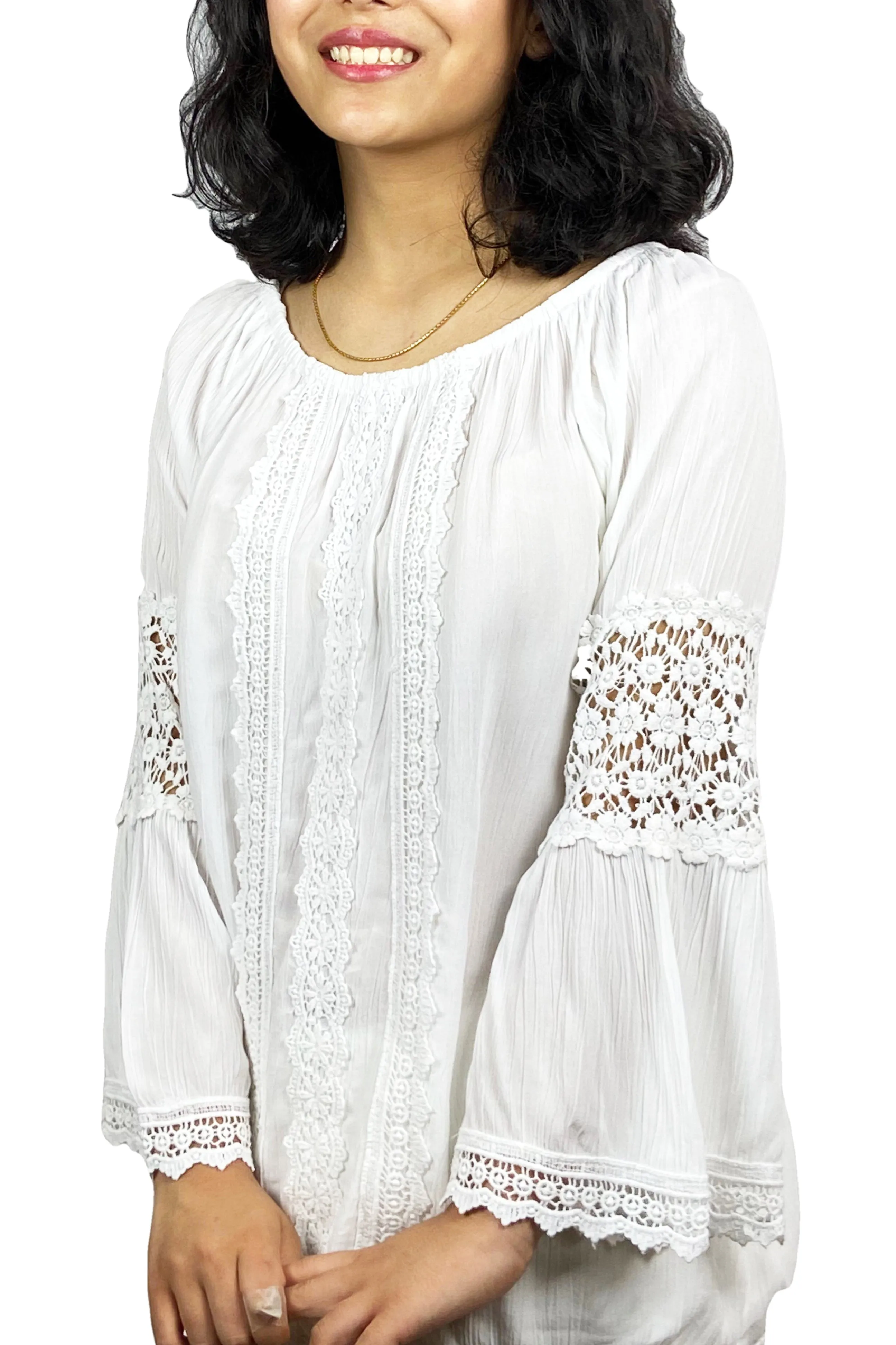 3873 B Rayon Bohemian Lace Sleeve Summer White Medieval Top Blouse