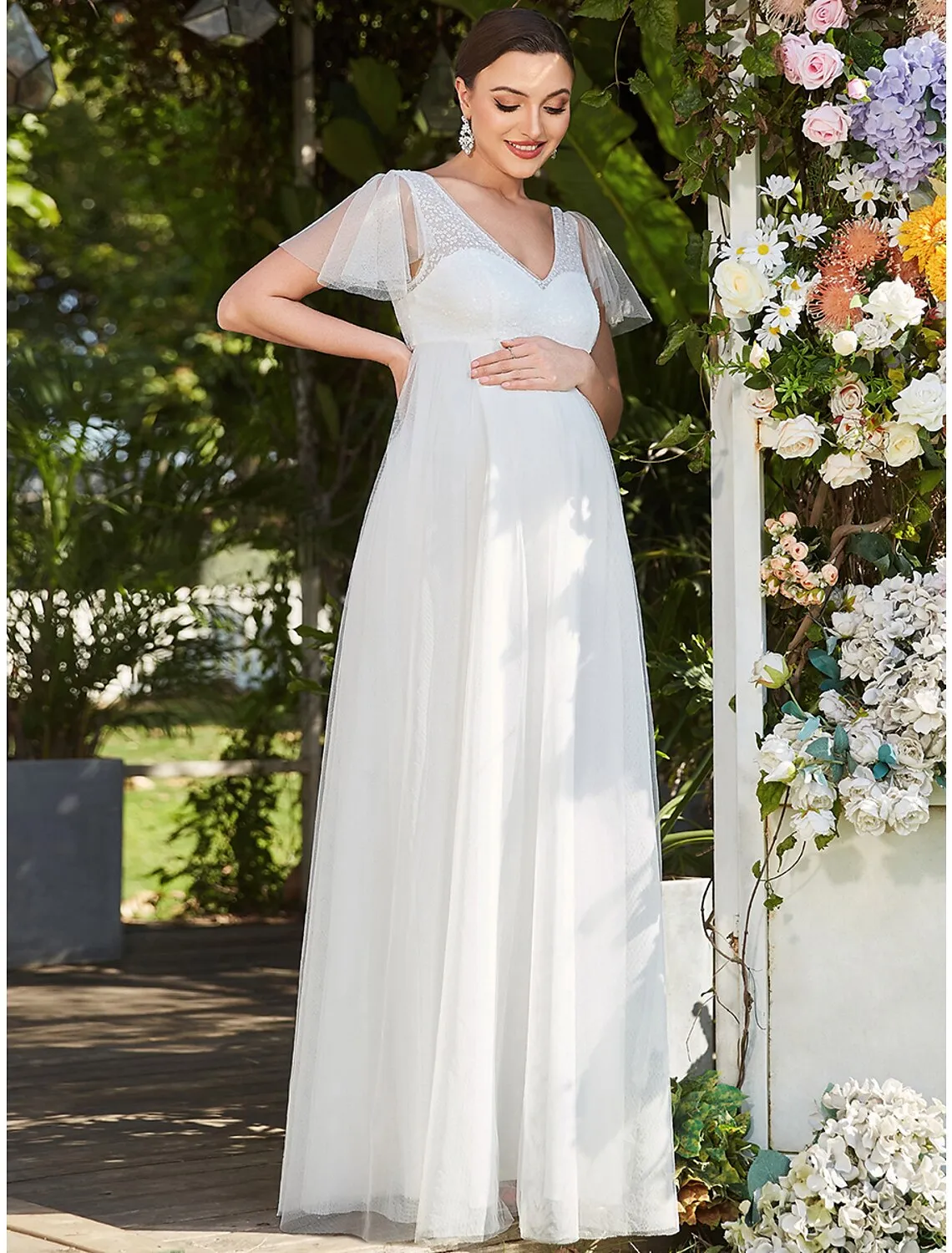 A-Line Evening Gown Maternity Dress Formal Evening Floor Length Short Sleeve V Neck Tulle V Back with Pure Color Tiered