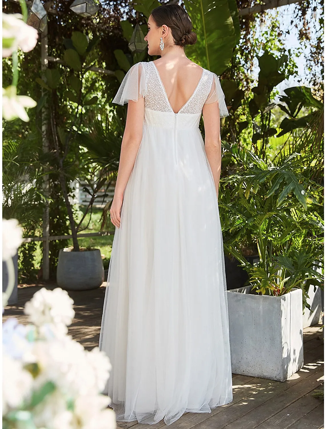 A-Line Evening Gown Maternity Dress Formal Evening Floor Length Short Sleeve V Neck Tulle V Back with Pure Color Tiered