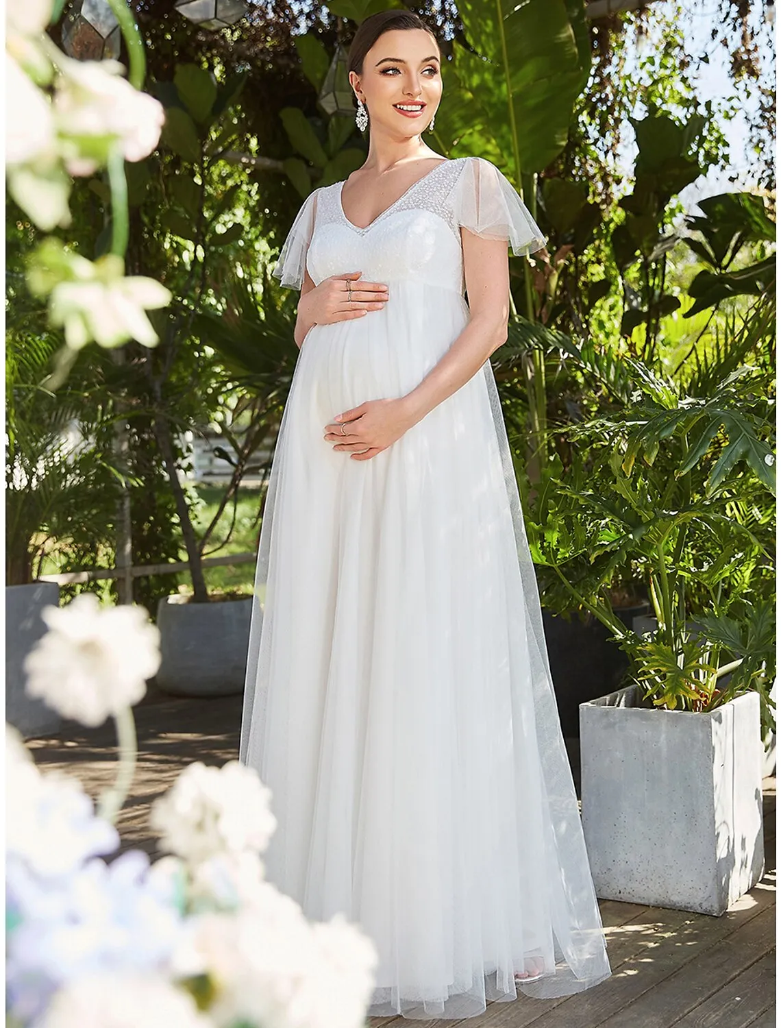 A-Line Evening Gown Maternity Dress Formal Evening Floor Length Short Sleeve V Neck Tulle V Back with Pure Color Tiered