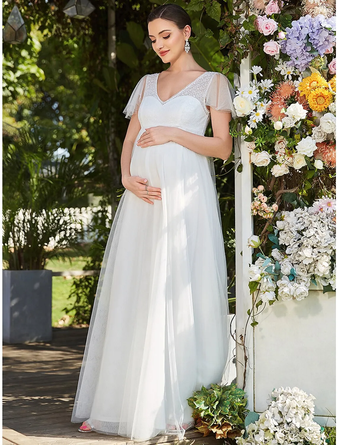 A-Line Evening Gown Maternity Dress Formal Evening Floor Length Short Sleeve V Neck Tulle V Back with Pure Color Tiered