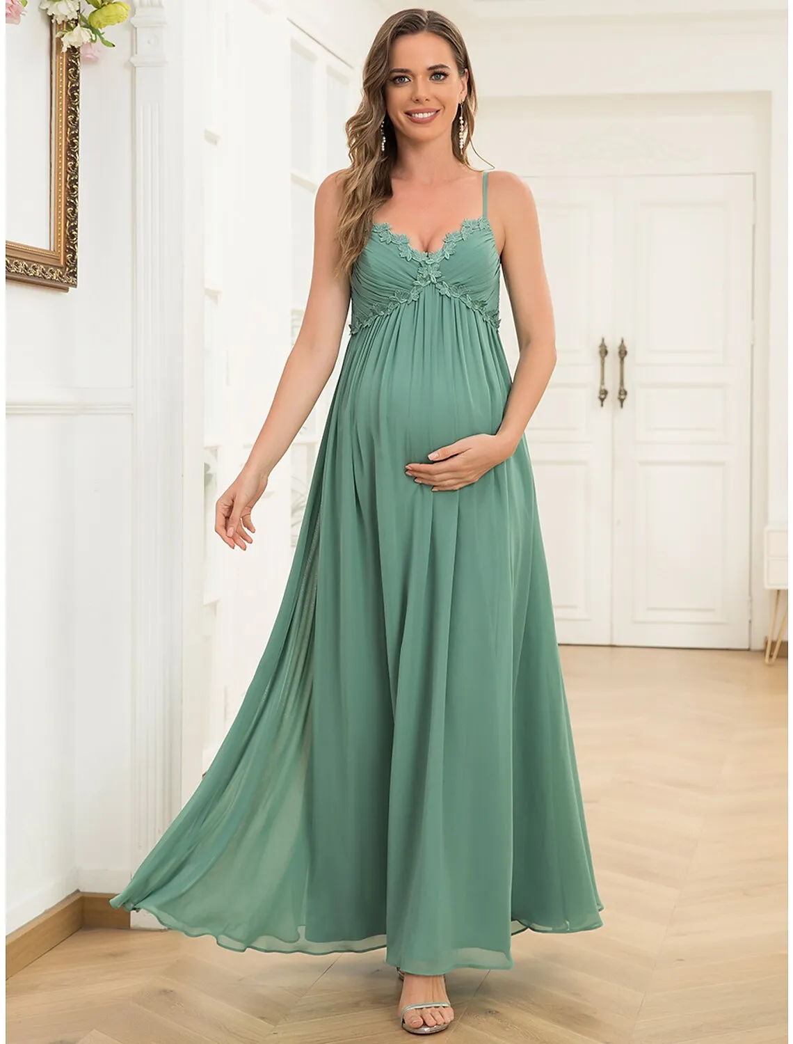 A-Line Evening Gown Maternity Dress Wedding Guest Floor Length Sleeveless V Neck Chiffon V Back with Draping