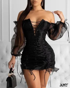 Amy Fashion - Elegant Party Mini Club Sexy Mesh Lace-Up Drawstring Design Ruched Dress