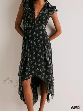 Amy Fashion - Retro Women Summer Casual  Floral Print Ruffles Sleeveless V-Neck Fashion Holiday Beach Vestidos