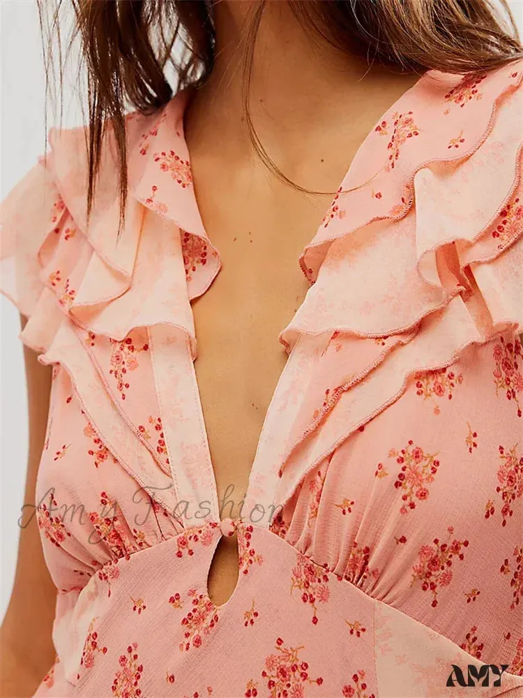 Amy Fashion - Retro Women Summer Casual  Floral Print Ruffles Sleeveless V-Neck Fashion Holiday Beach Vestidos