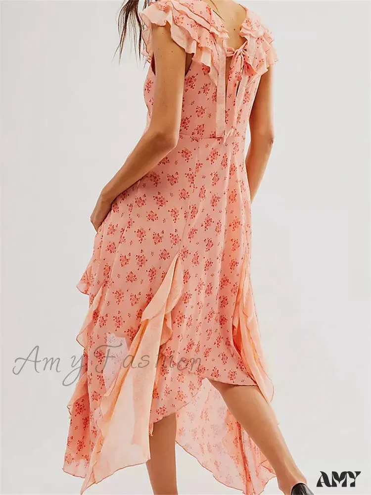 Amy Fashion - Retro Women Summer Casual  Floral Print Ruffles Sleeveless V-Neck Fashion Holiday Beach Vestidos