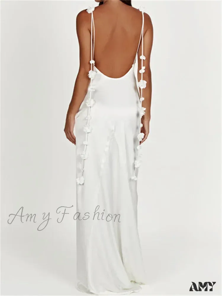 Amy Fashion - Satin Backless Spaghetti Strap  for Women Sexy Backless 3D Flower Tassels Party Cocktail Y2K Vestidos