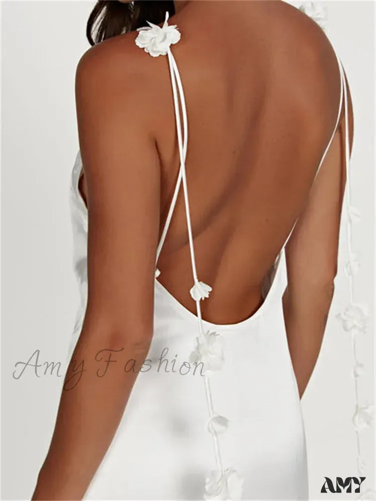 Amy Fashion - Satin Backless Spaghetti Strap  for Women Sexy Backless 3D Flower Tassels Party Cocktail Y2K Vestidos