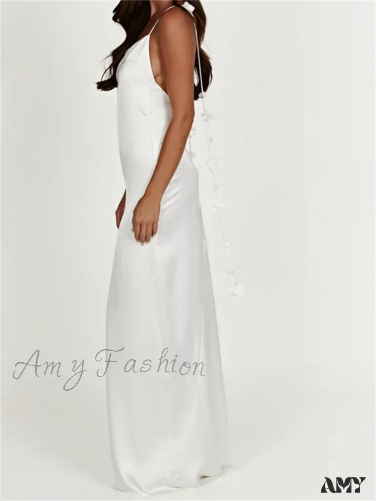 Amy Fashion - Satin Backless Spaghetti Strap  for Women Sexy Backless 3D Flower Tassels Party Cocktail Y2K Vestidos