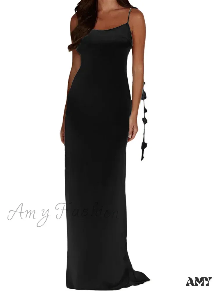 Amy Fashion - Satin Backless Spaghetti Strap  for Women Sexy Backless 3D Flower Tassels Party Cocktail Y2K Vestidos