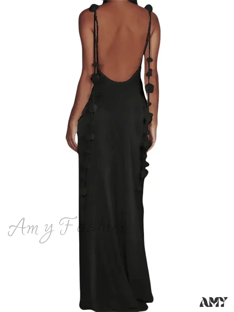 Amy Fashion - Satin Backless Spaghetti Strap  for Women Sexy Backless 3D Flower Tassels Party Cocktail Y2K Vestidos