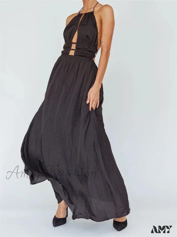 Amy Fashion - Sexy Women Halter Tie-up  Sleeveless Backless Solid Color Cocktail Formal Party Ruched Vestidos