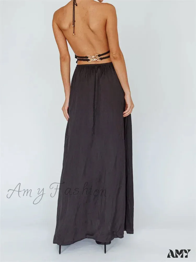 Amy Fashion - Sexy Women Halter Tie-up  Sleeveless Backless Solid Color Cocktail Formal Party Ruched Vestidos