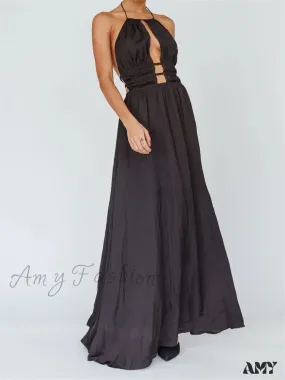 Amy Fashion - Sexy Women Halter Tie-up  Sleeveless Backless Solid Color Cocktail Formal Party Ruched Vestidos