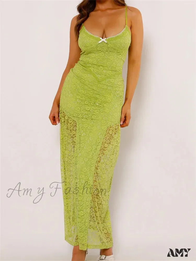 Amy Fashion - Women Lace V-neck Low Cut  Sleeveless Spaghetti Strap Solid Color Bodycon Elegant Party Vestidos