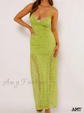 Amy Fashion - Women Lace V-neck Low Cut  Sleeveless Spaghetti Strap Solid Color Bodycon Elegant Party Vestidos
