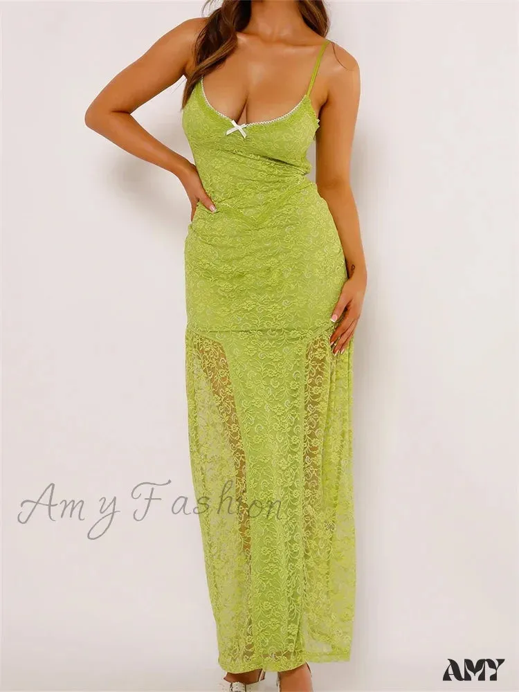 Amy Fashion - Women Lace V-neck Low Cut  Sleeveless Spaghetti Strap Solid Color Bodycon Elegant Party Vestidos