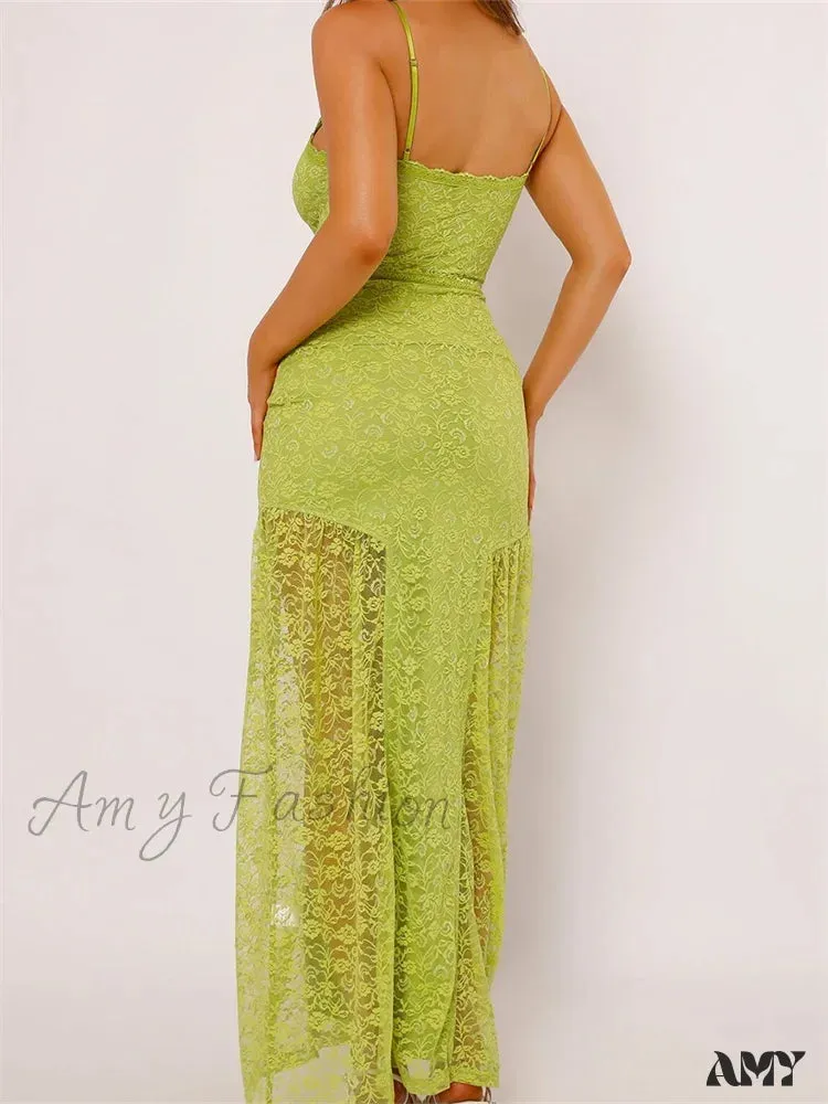 Amy Fashion - Women Lace V-neck Low Cut  Sleeveless Spaghetti Strap Solid Color Bodycon Elegant Party Vestidos