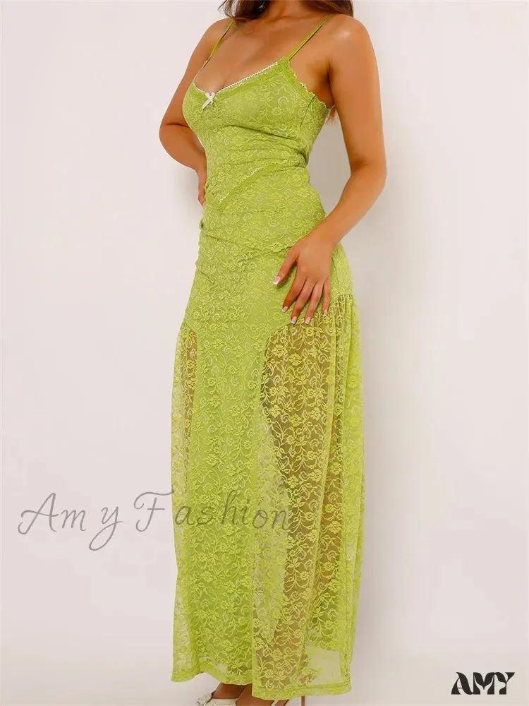 Amy Fashion - Women Lace V-neck Low Cut  Sleeveless Spaghetti Strap Solid Color Bodycon Elegant Party Vestidos