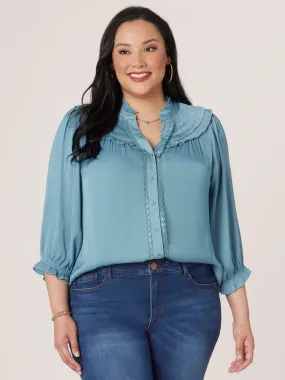 Banded Blouson Sleeve Ruffle V-Neck Ruched Yoke Plus Size Woven Top