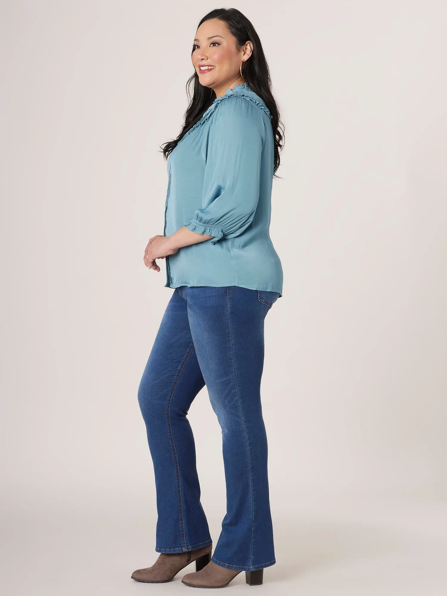 Banded Blouson Sleeve Ruffle V-Neck Ruched Yoke Plus Size Woven Top