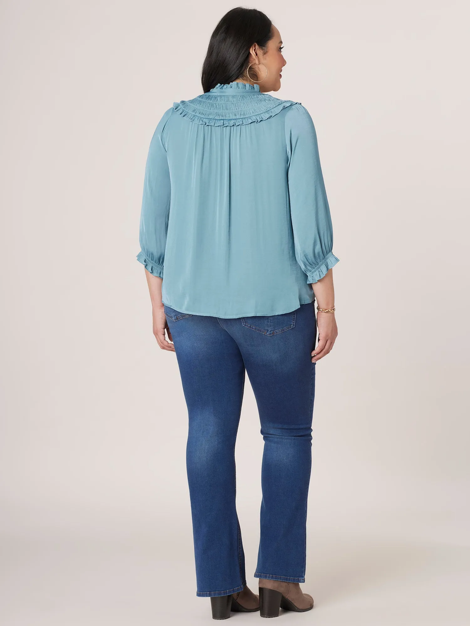 Banded Blouson Sleeve Ruffle V-Neck Ruched Yoke Plus Size Woven Top