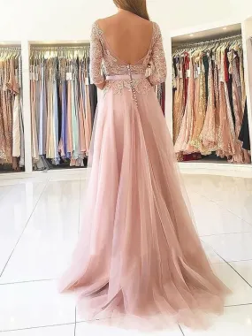 Bateau 3/4 Sleeves A-line Floor-Length With Applique Tulle Dresses