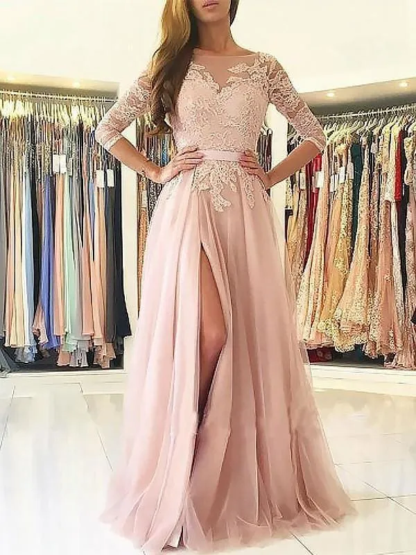 Bateau 3/4 Sleeves A-line Floor-Length With Applique Tulle Dresses