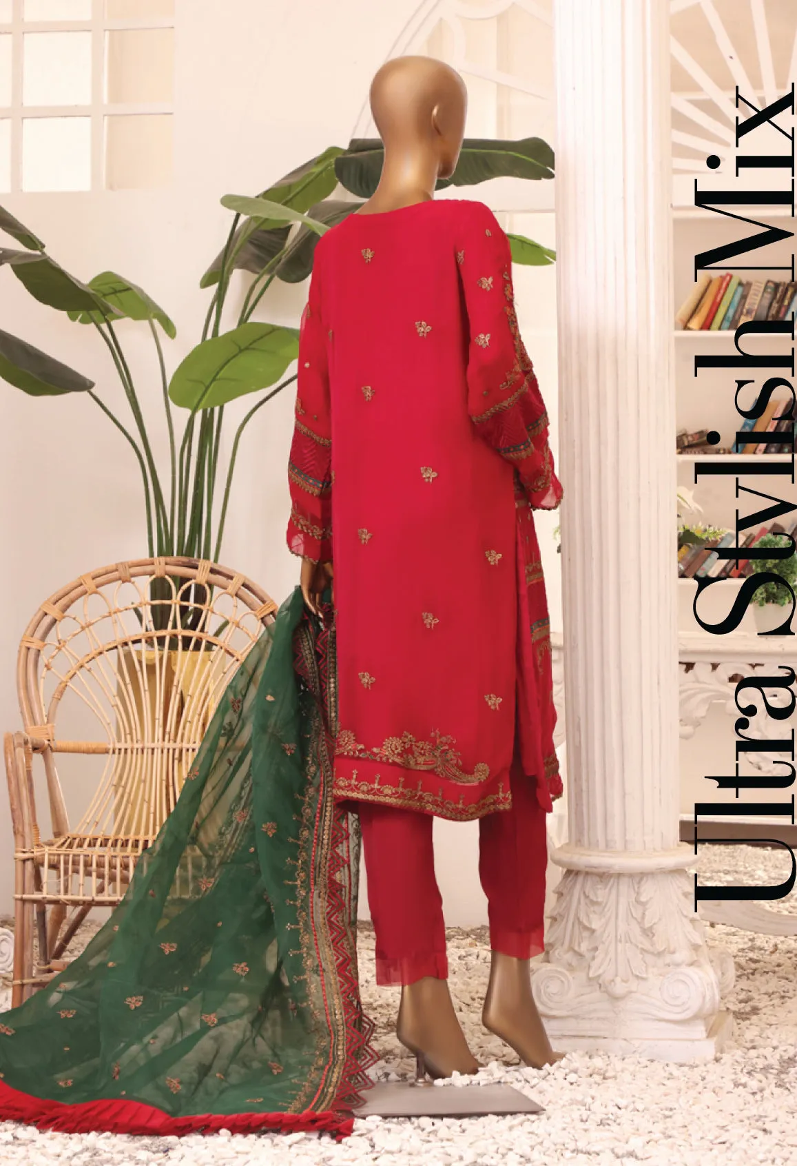 Bin Saeed Stitched 2 Piece Formal Embroidered Chiffon Collection'2022-ZEFC-0011-Maroon