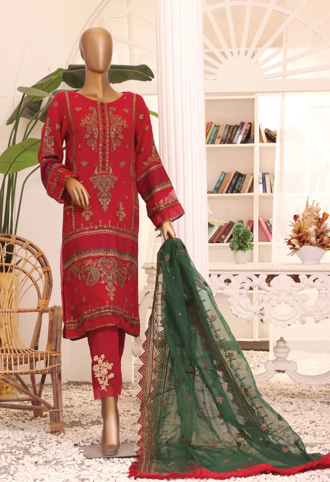 Bin Saeed Stitched 2 Piece Formal Embroidered Chiffon Collection'2022-ZEFC-0011-Maroon