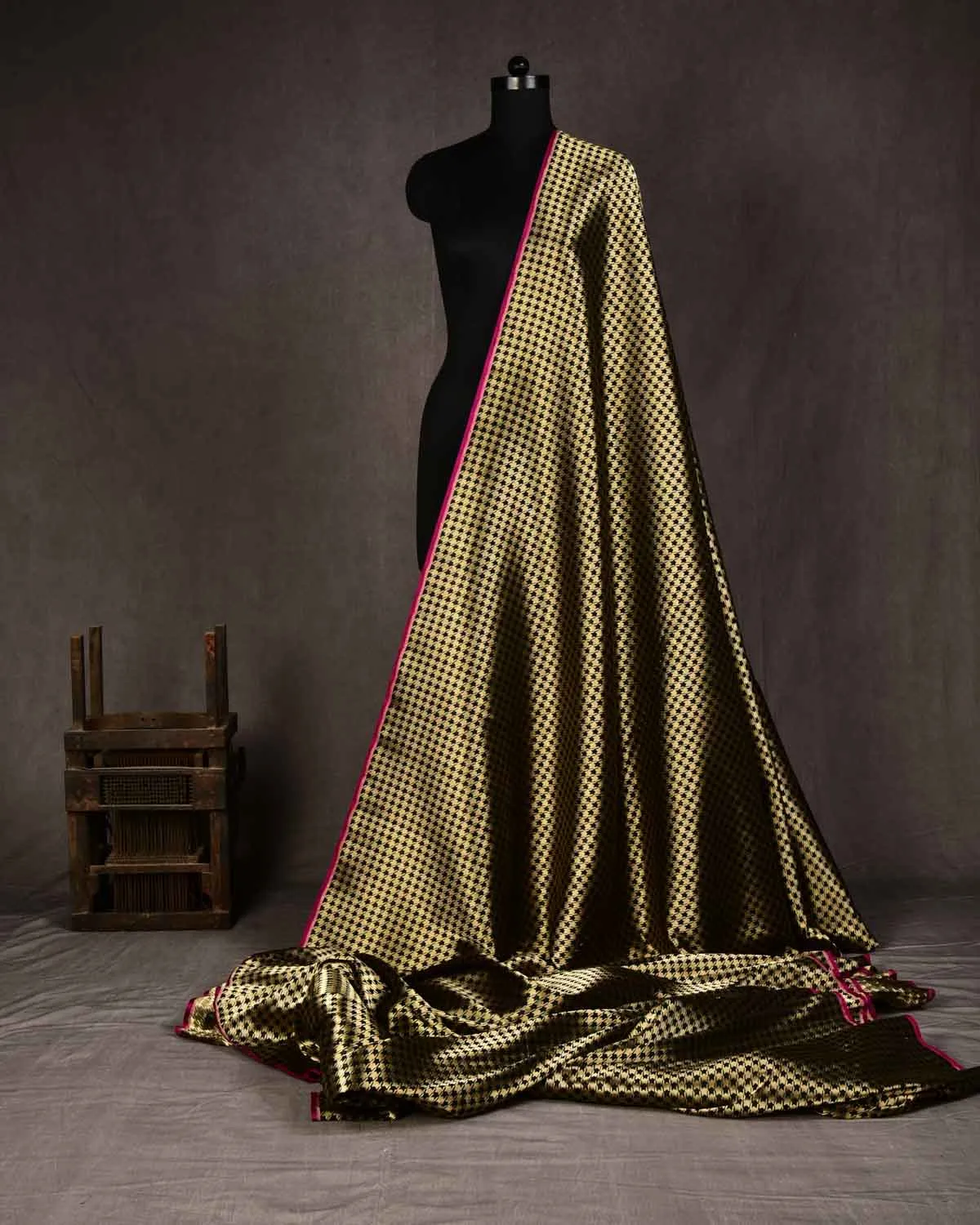 Black Banarasi Double Zari Houndstooth Brocade Handwoven Katan Silk Unisex Fabric