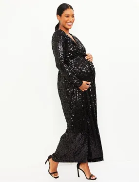 BLACK Sequin Maternity Wear Long Maxi Gown
