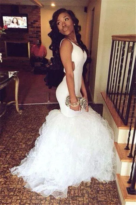 Bridelily 2020 V-neck Mermaid Open Back Organza Ruffles Prom Gowns