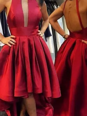 Bridelily A-Line Satin Halter Sleeveless Asymmetrical With Ruffles Dresses
