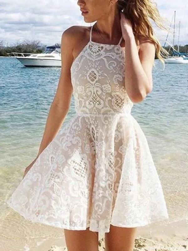 Bridelily A-Line Spandex Halter Sleeveless Short/Mini With Lace Dresses
