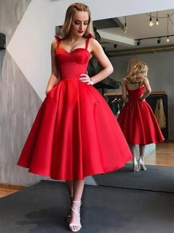 Bridelily A-Line Straps Satin Sleeveless With Ruffles Tea-Length Dresses