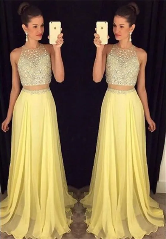 Bridelily Cute Two Piece Beading Prom Dress Chiffon Formal Occasion Dresses GA017
