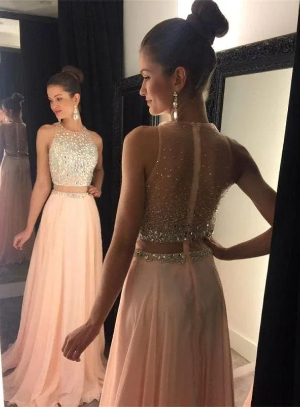Bridelily Cute Two Piece Beading Prom Dress Chiffon Formal Occasion Dresses GA017