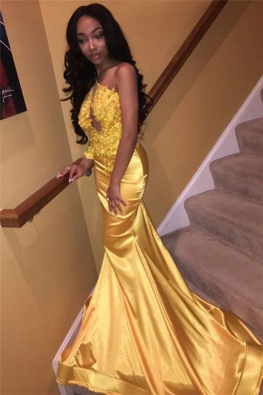Bridelily Daffodil One Sleeve Sexy Prom Dress 2019 | Mermaid Lace Appliques Cheap Evening Gown FB0306