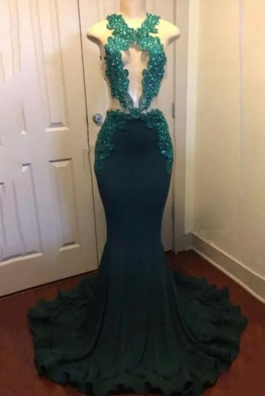 Bridelily Dark Green Sexy Mermaid Crystals Prom Dress | Sparkling Appliques Open Back Real Evening Dress FB0325-MQ0