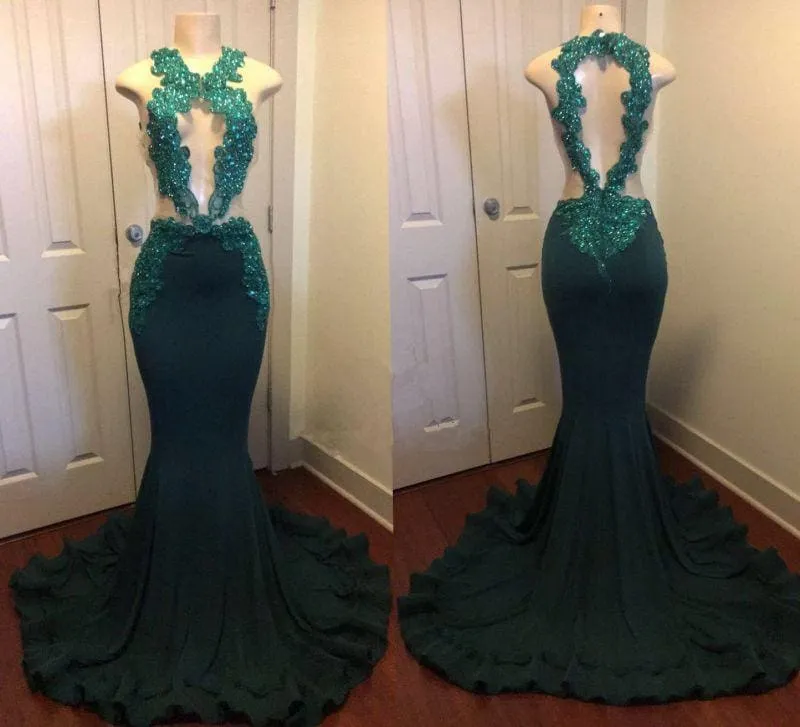 Bridelily Dark Green Sexy Mermaid Crystals Prom Dress | Sparkling Appliques Open Back Real Evening Dress FB0325-MQ0